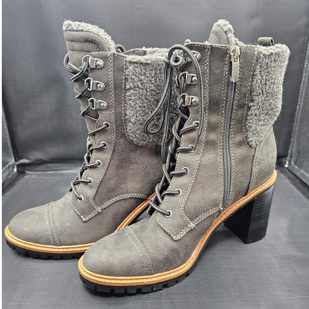 Nine West Combat Heeled Boots Gray Suede Faux Shearling Lace Up Womens 9M NEW